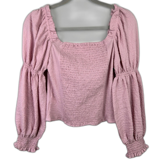 ASTR the Label Lilac Pink Puff Long Sleeve Ruched Bust Top Smocked Blouse sz M - Picture 7 of 13